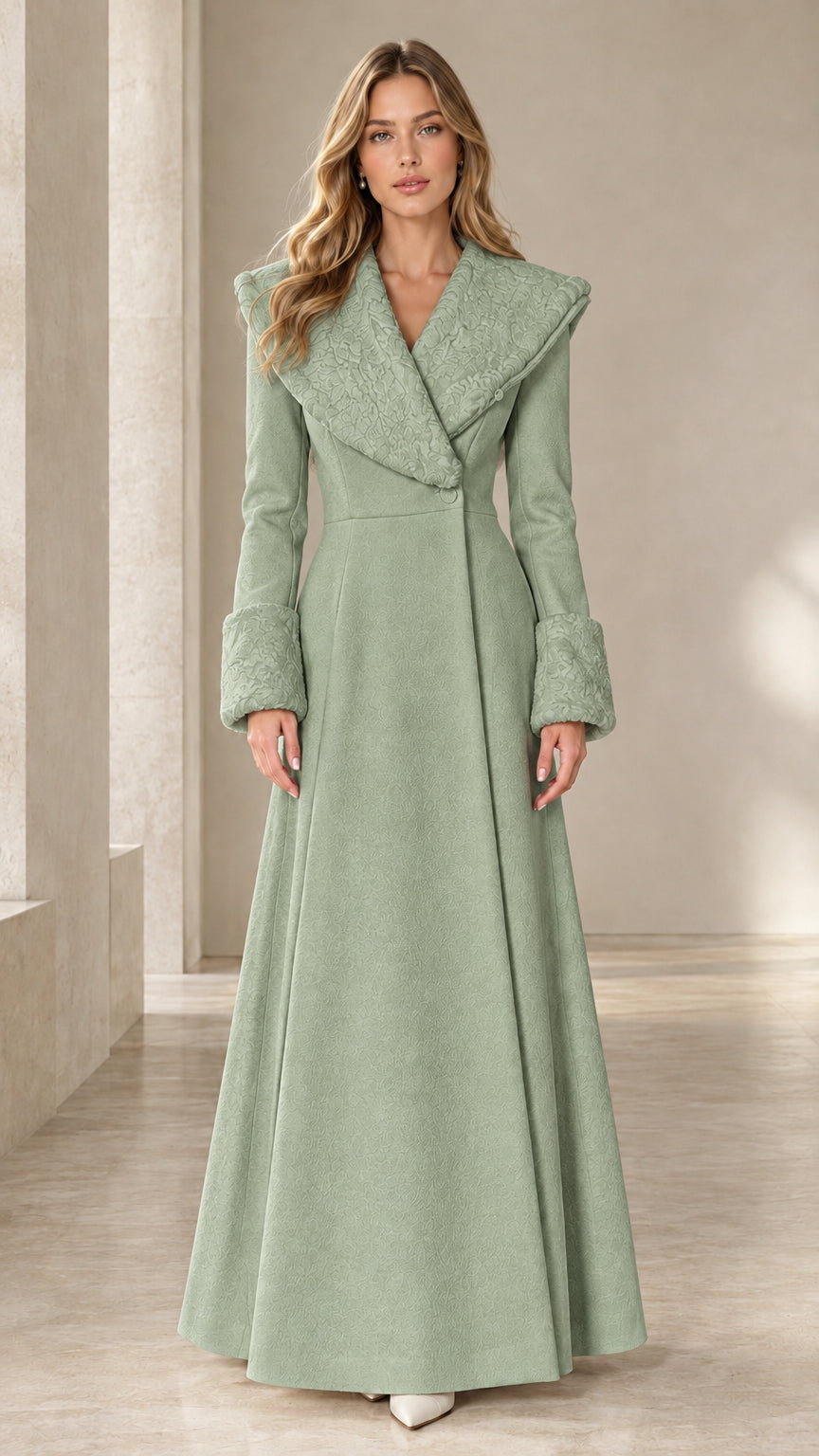 Sage green tailored maxi coat with textured shawl collar