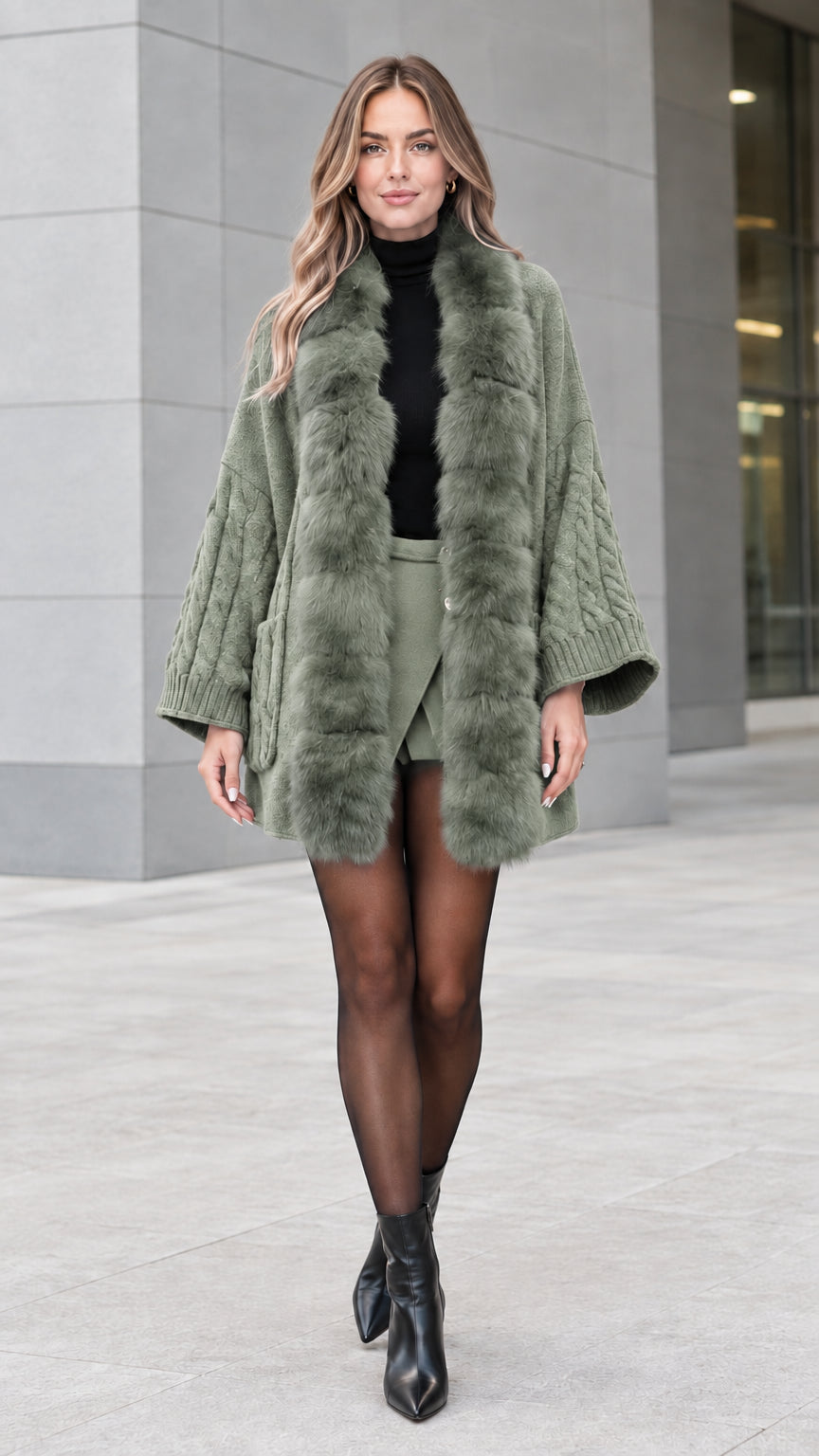 Full-length view of woman wearing sage green faux fur trim cable knit cardigan coat