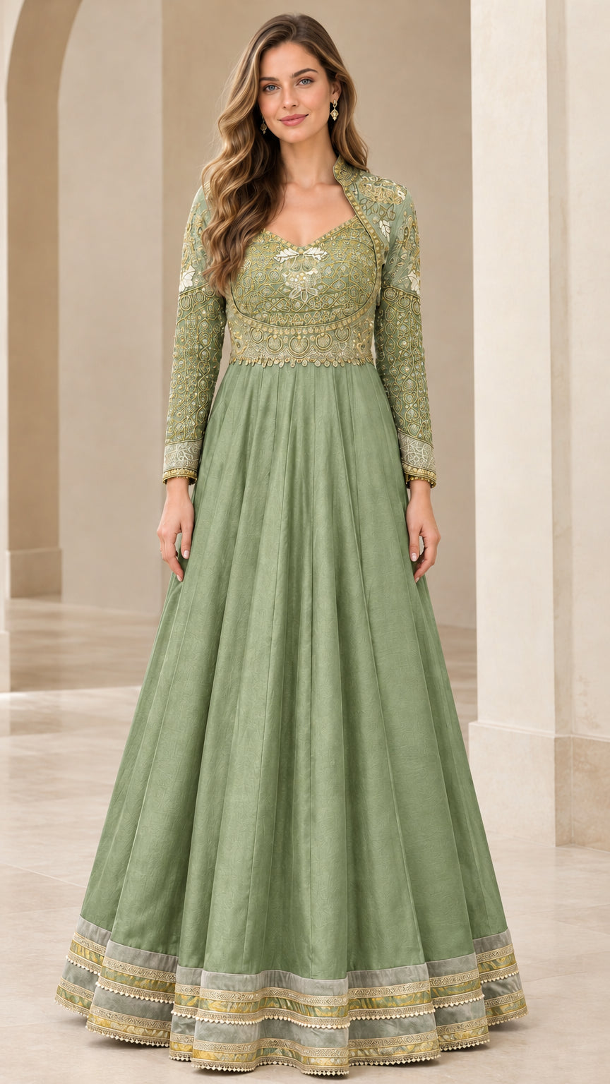 Full-length front view of Sage Green embroidered long sleeve maxi dress