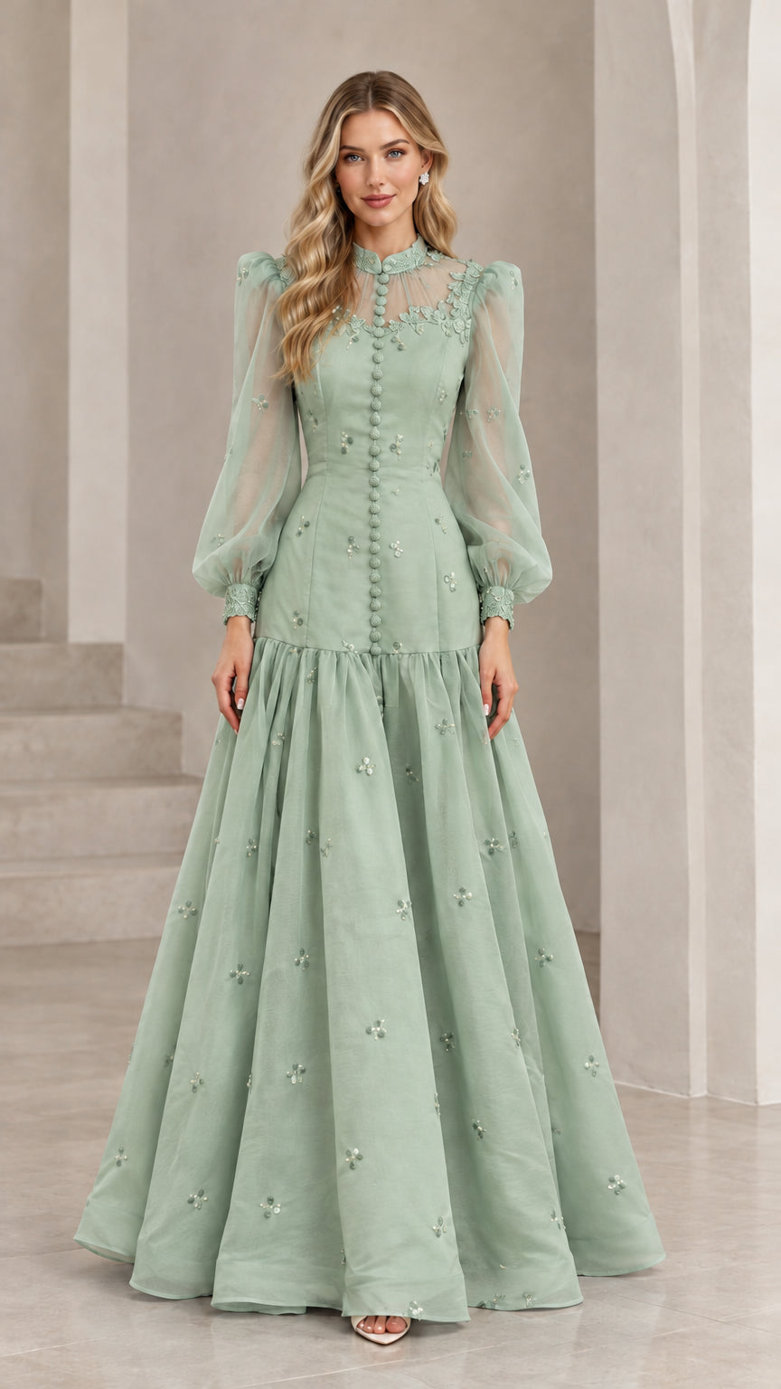 Sage green high neck long sleeve evening gown