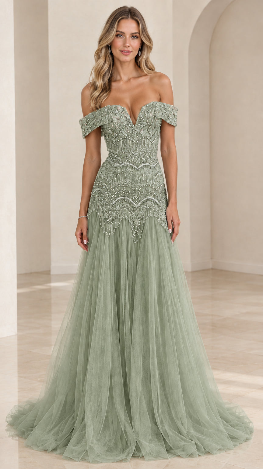 Sage Green off-the-shoulder beaded tulle maxi evening dress