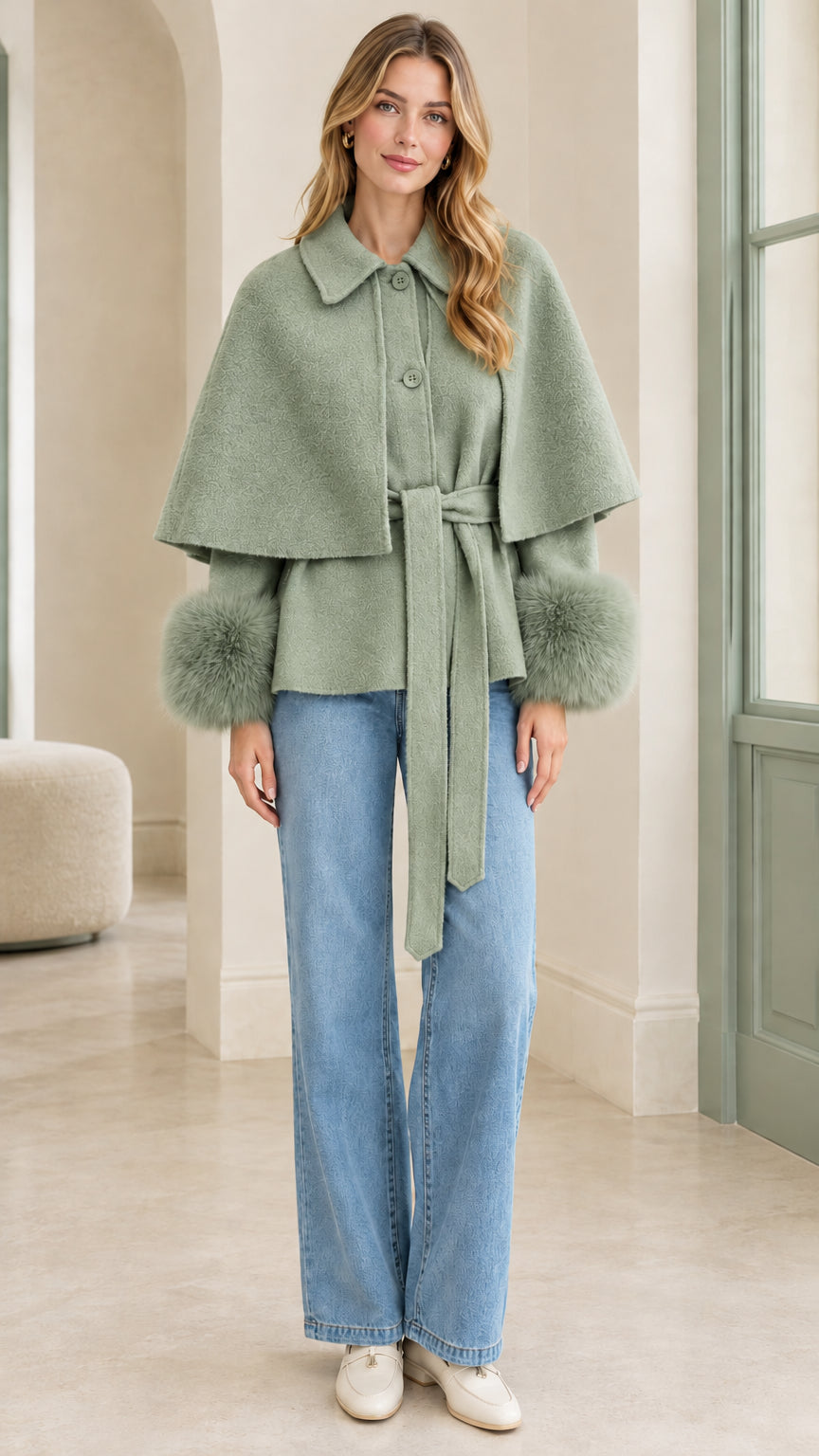 Model wearing Sage Green belted cape jacket with soft green faux fur cuffs