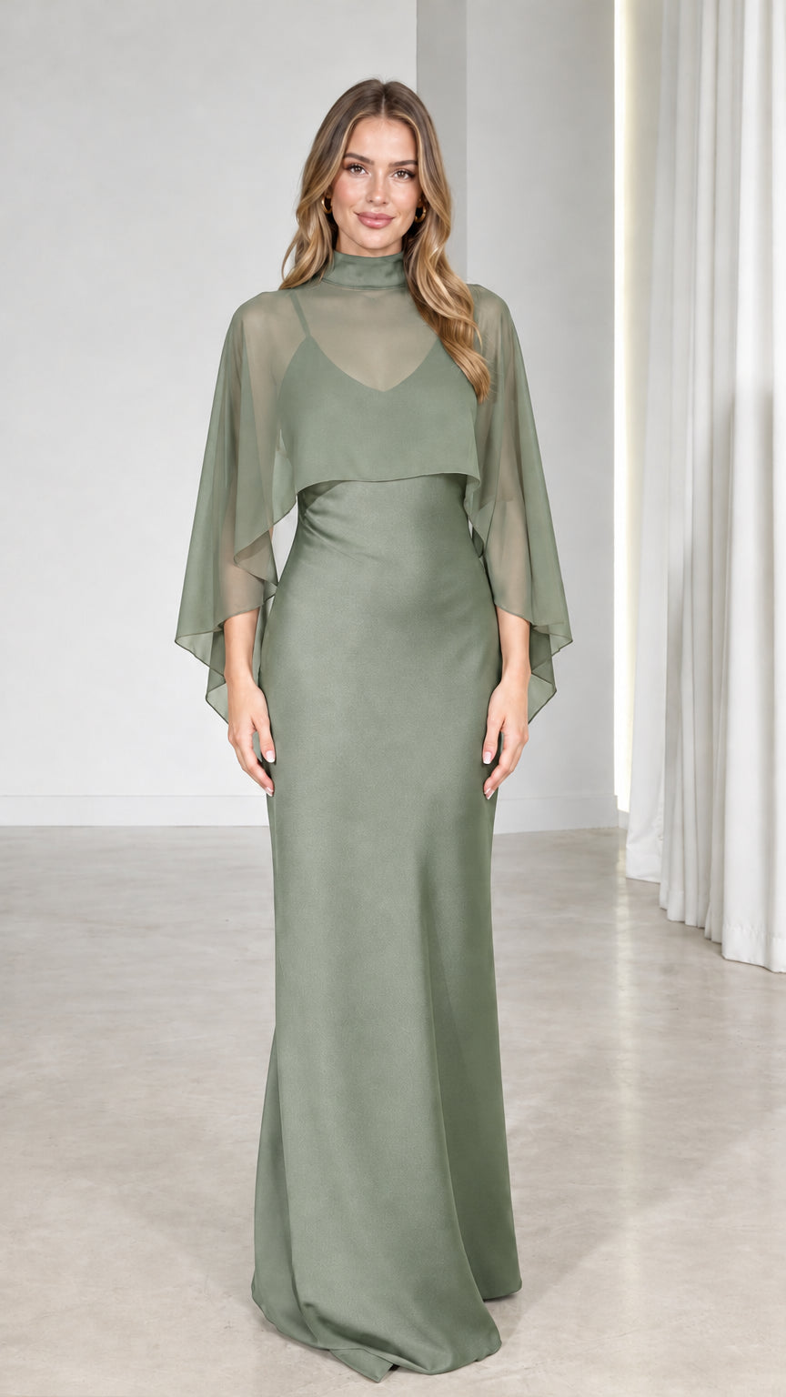 Front view of model wearing Sage Green sheer capelet formal maxi dress