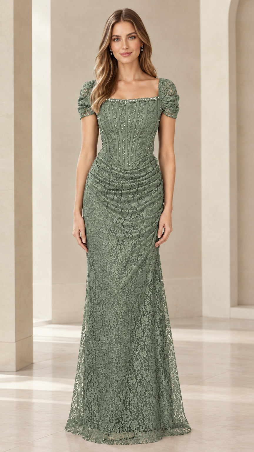 Sage Green floral lace evening gown with short puff sleeves