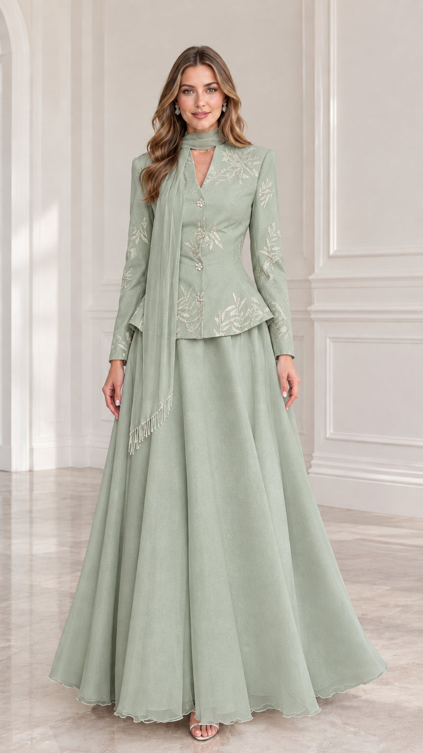 Front full-length view of Sage Green embroidered peplum evening set