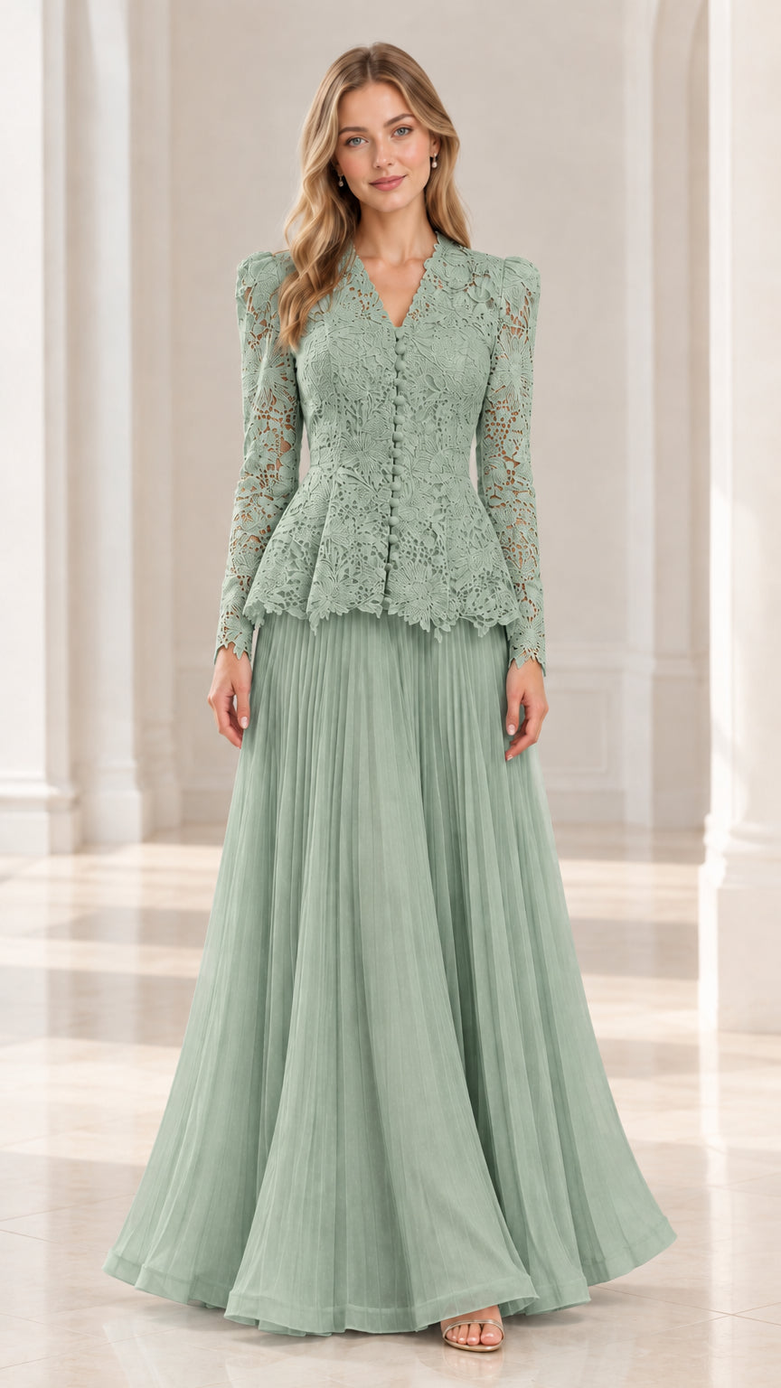 Sage Green long sleeve lace evening gown with pleated maxi skirt