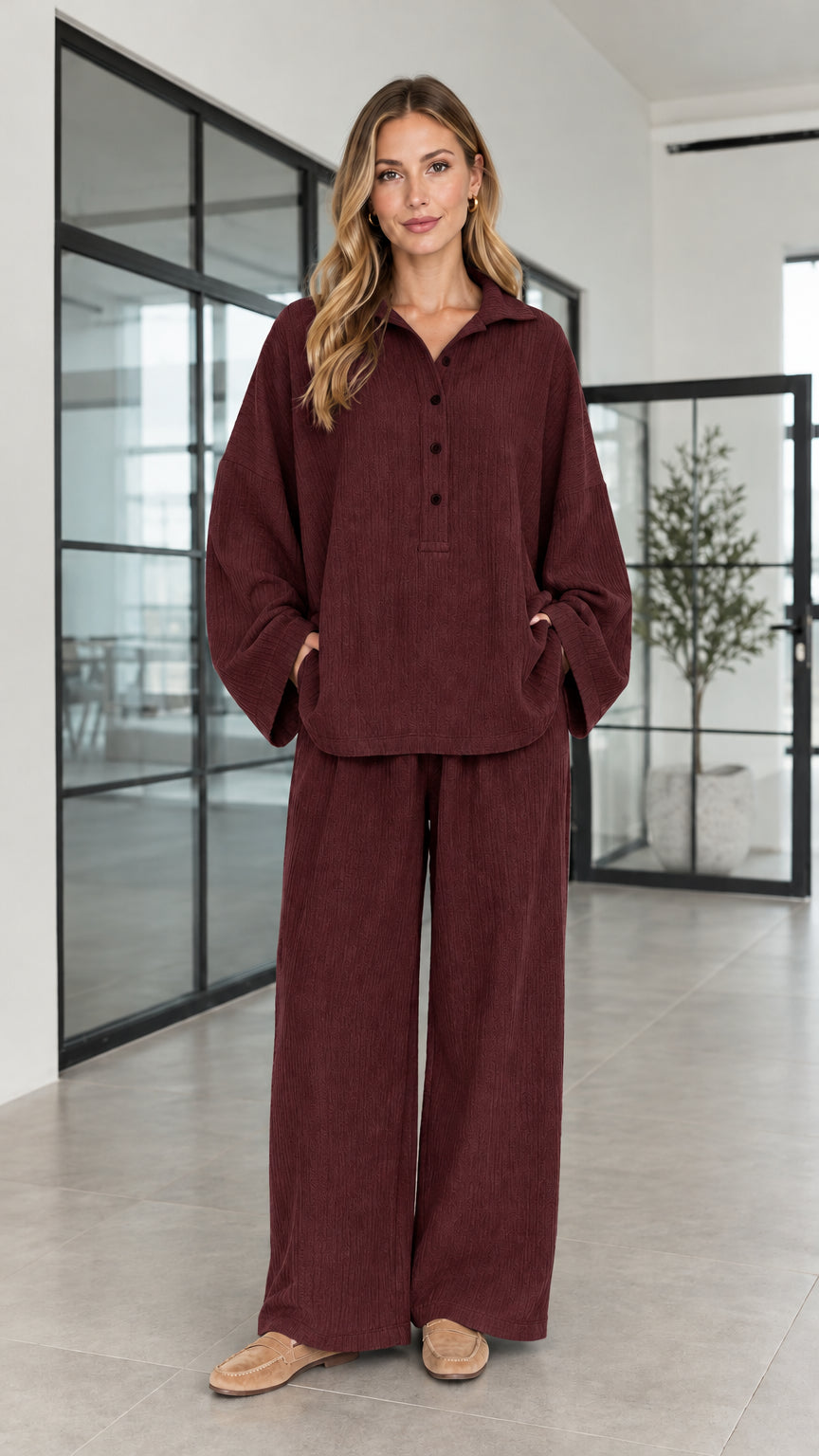 Women's burgundy wine textured button-front tunic top and wide-leg pants set
