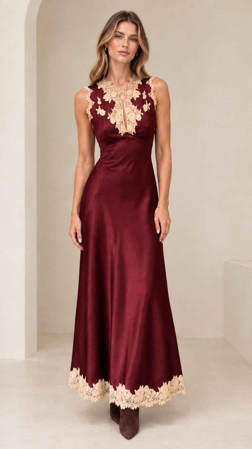 Model wearing burgundy wine satin maxi dress with contrasting lace trim