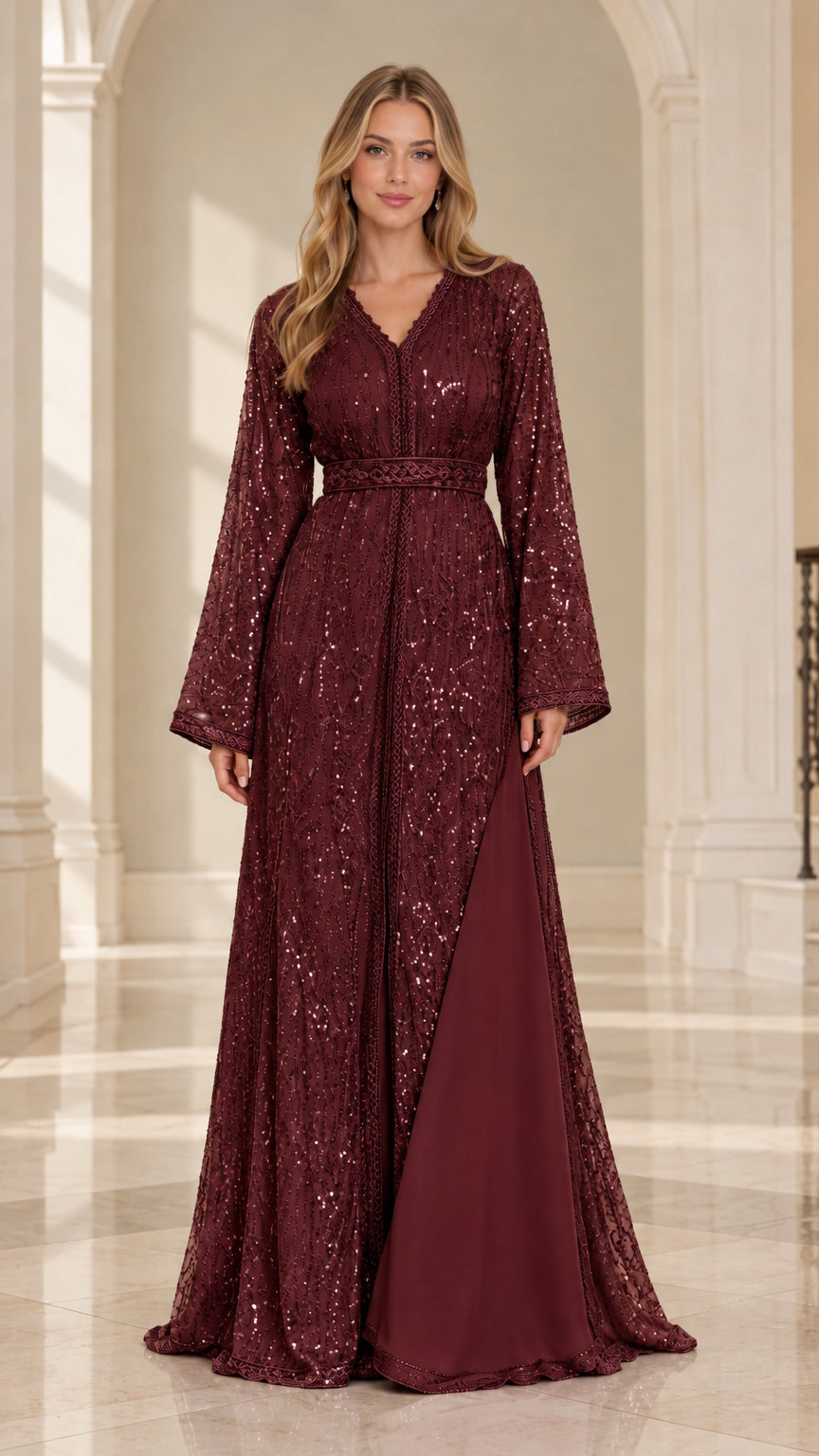Front full-length view of Burgundy sequined embroidered kaftan maxi dress