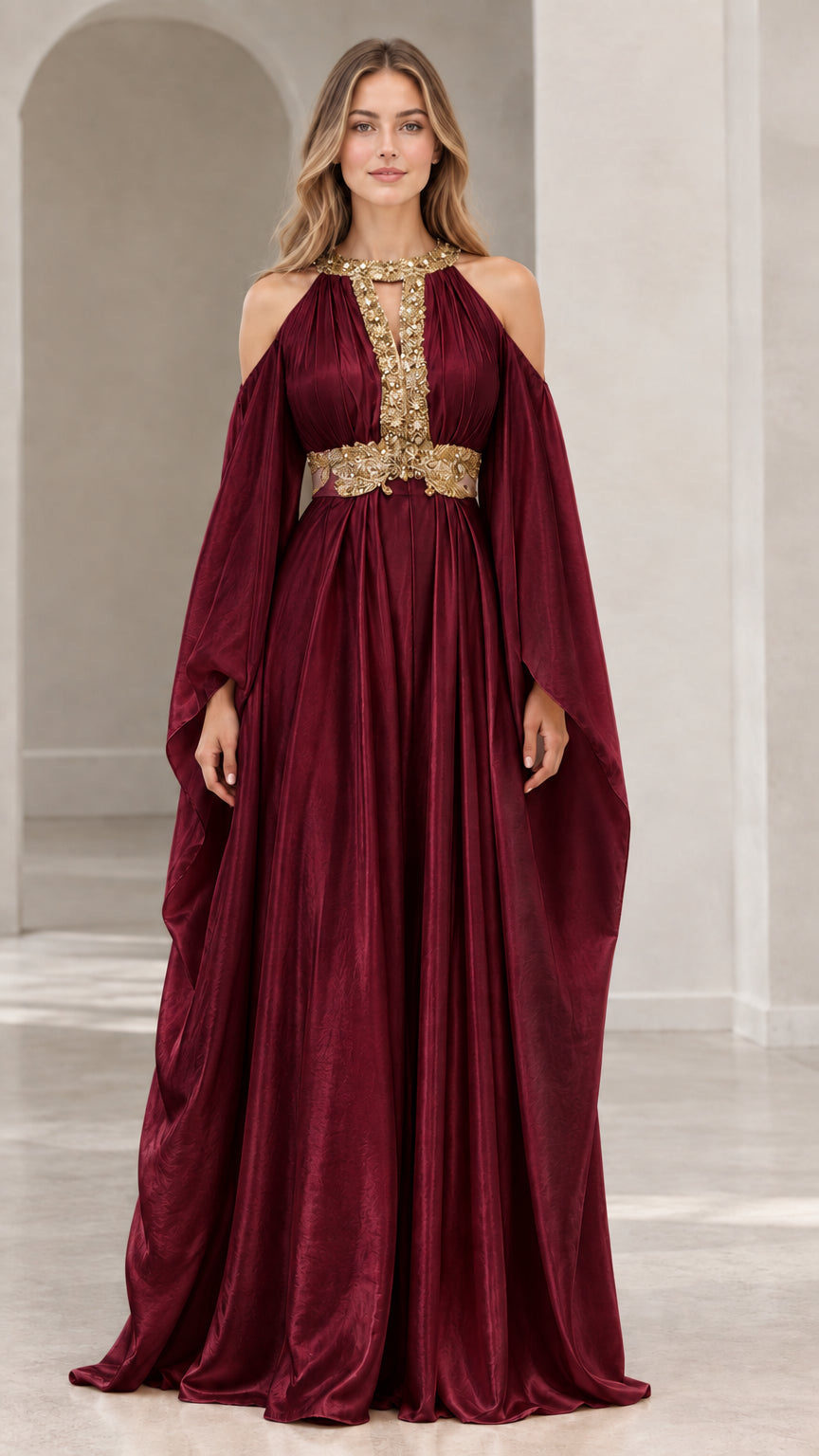Burgundy wine cold-shoulder cape evening gown with gold embroidery
