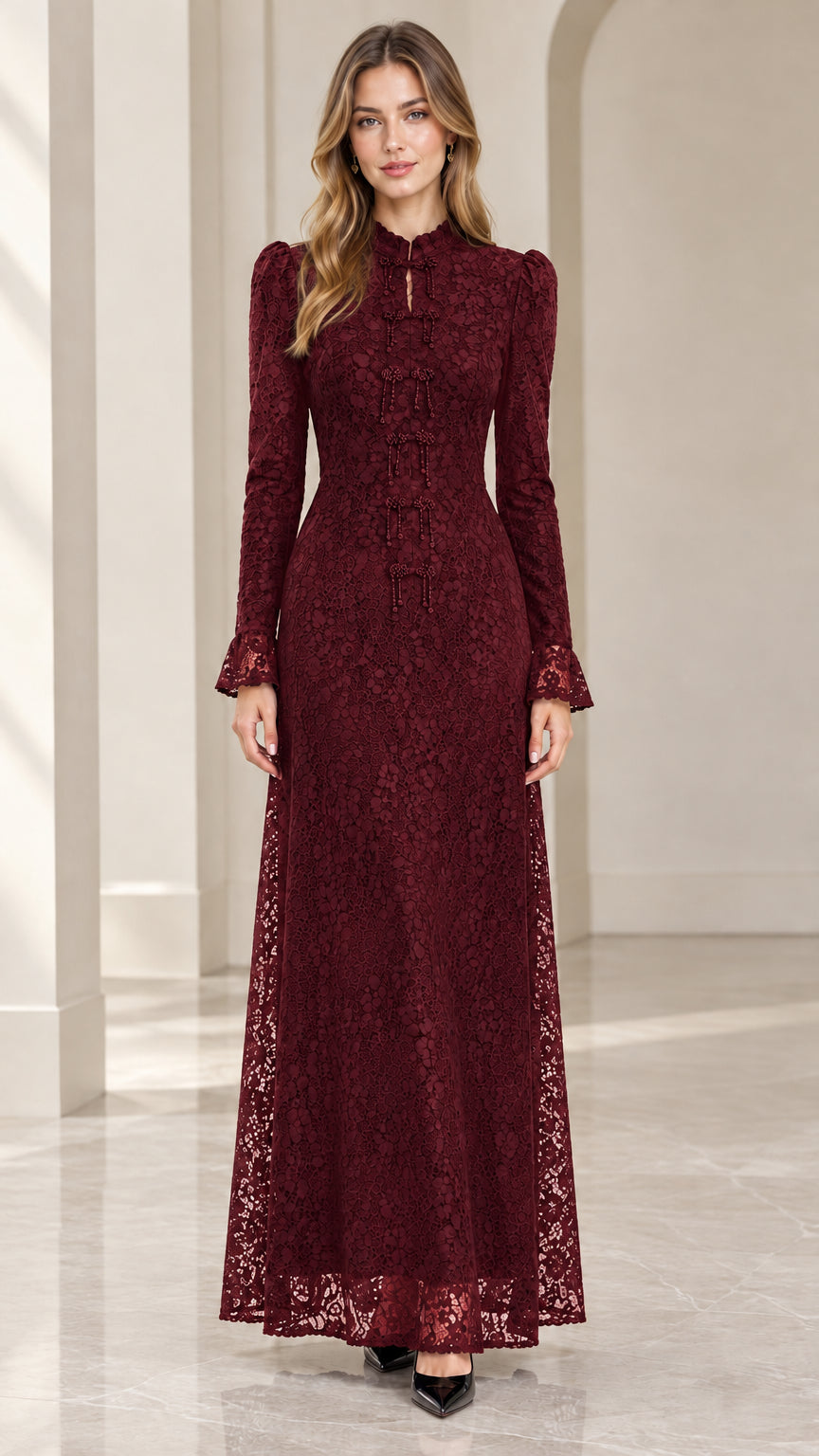 Full-length front view of Burgundy wine lace long-sleeve evening dress