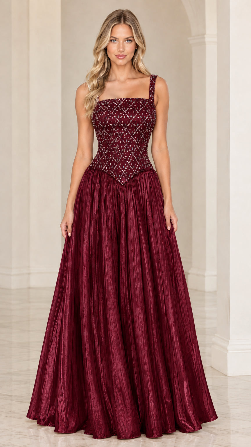 Burgundy formal basque waist pleated ball gown