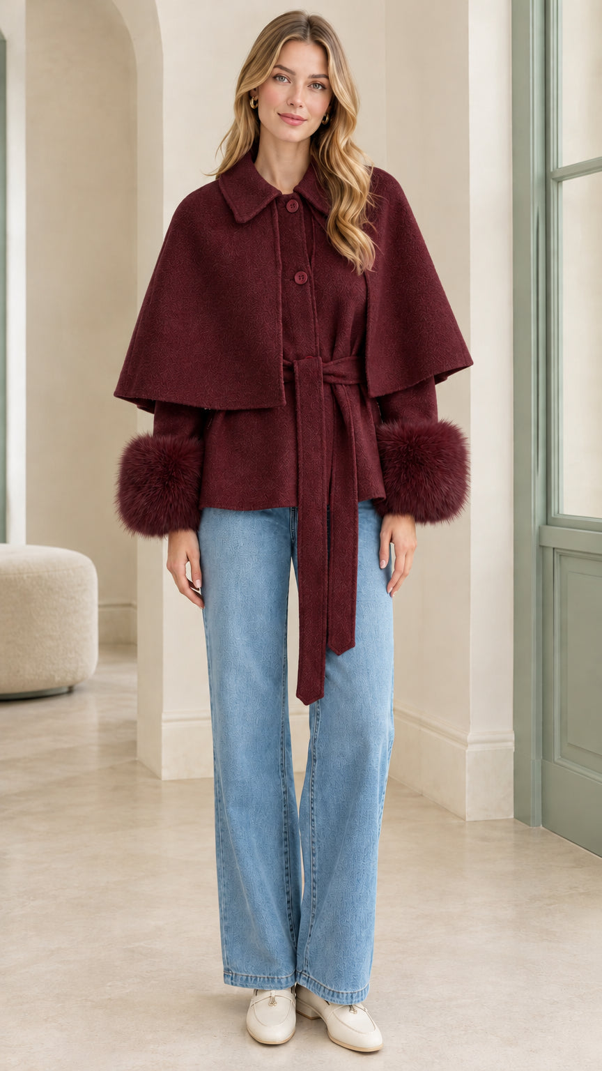 Model wearing Burgundy wine-red belted cape jacket with plush fur trim