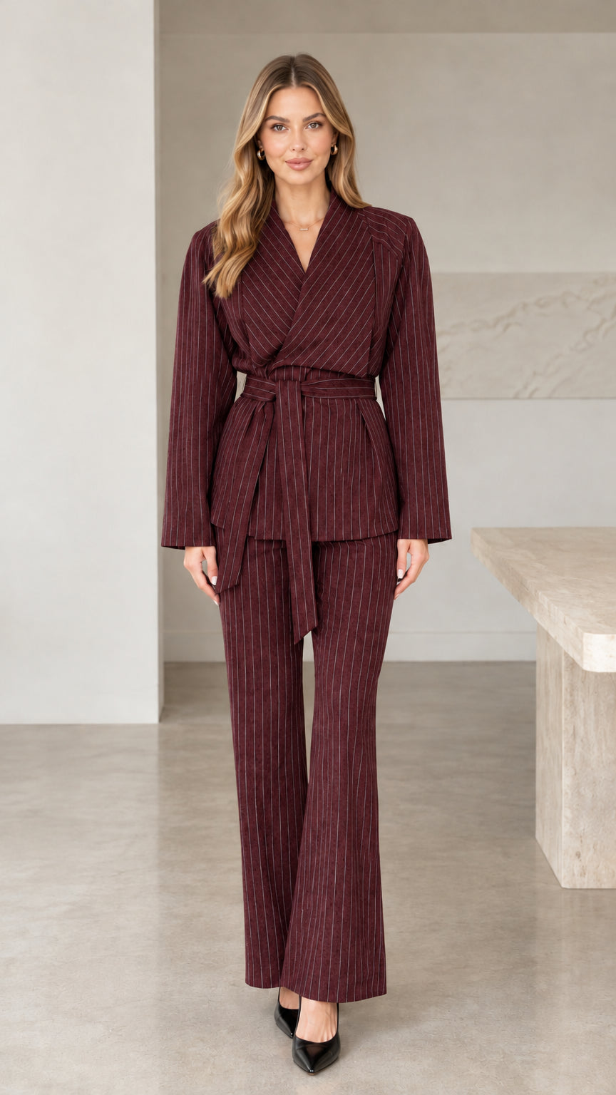 Front view of woman wearing burgundy wine pinstripe 2-piece pant suit set