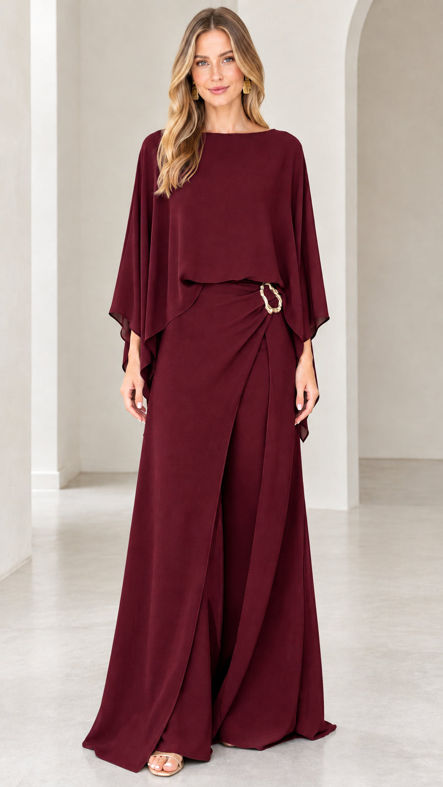 Burgundy wine red capelet overlay formal wide-leg jumpsuit front view