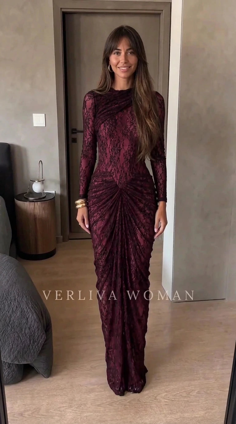 Full length deep burgundy wine ruched sheer lace floor-length dress