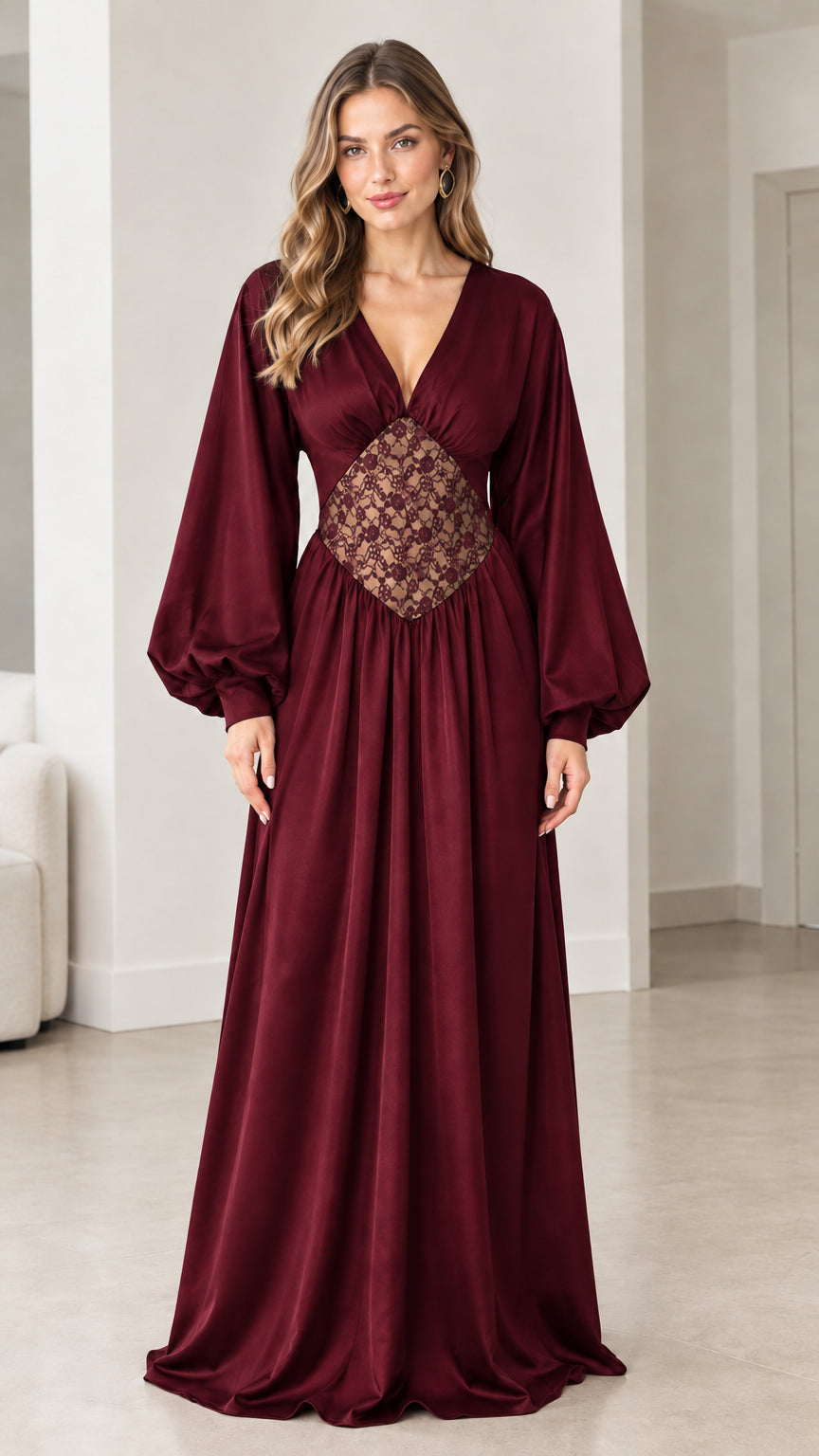 Front view of burgundy wine red satin formal maxi dress with lace detail