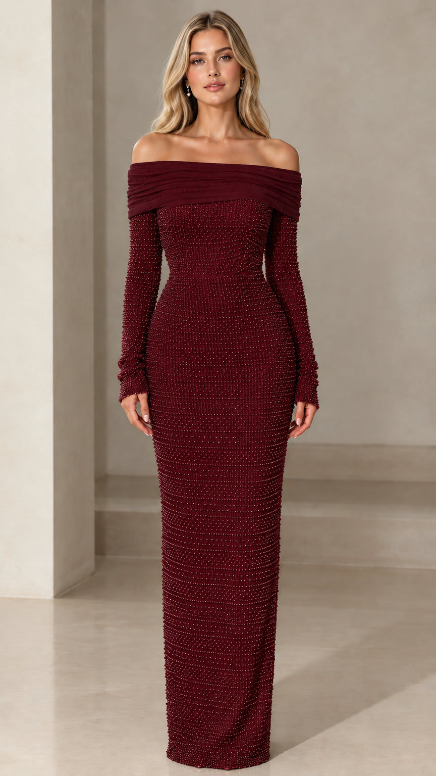 Model wearing burgundy off-the-shoulder pearl beaded long sleeve formal gown