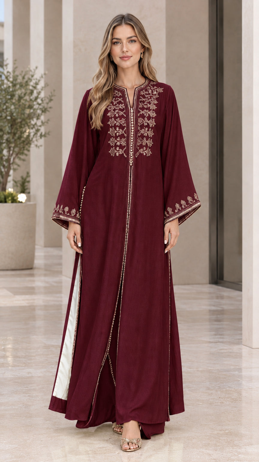 Burgundy wine red embroidered evening kaftan maxi dress