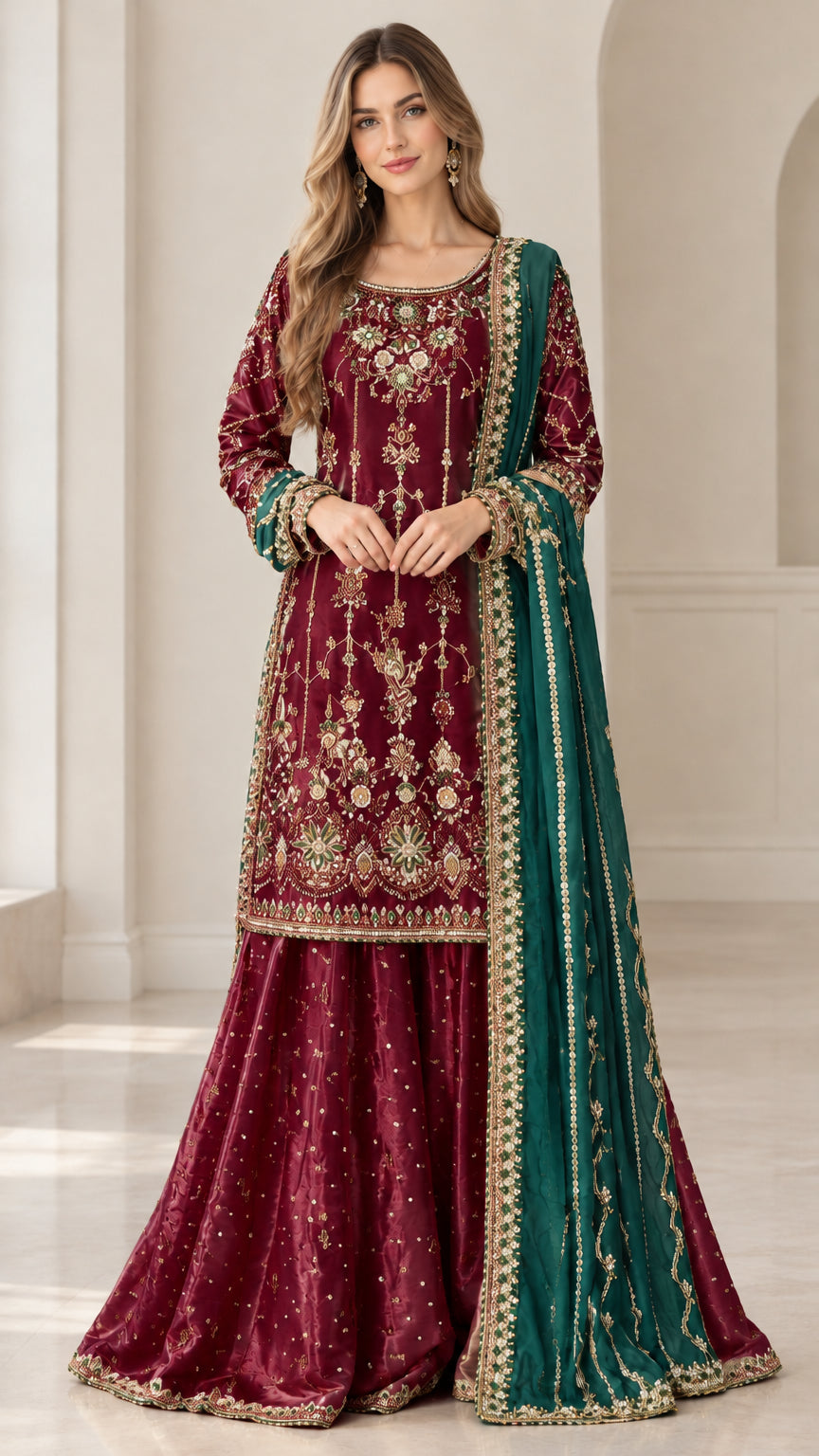 Full front view of maroon embroidered sharara suit with contrast green dupatta
