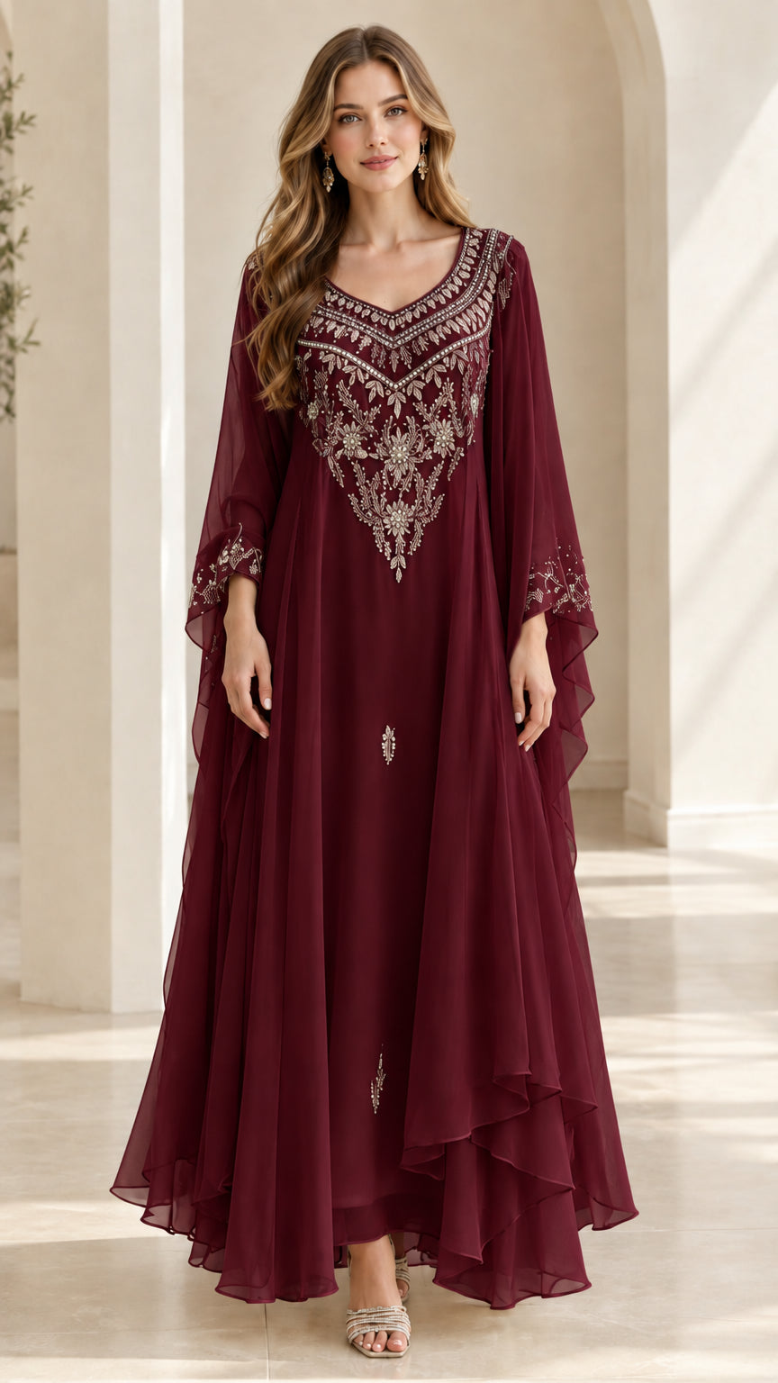 Burgundy wine embroidered chiffon evening maxi dress