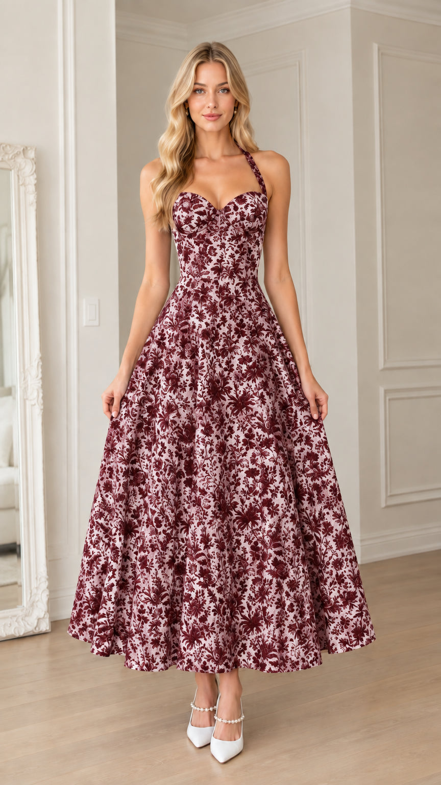 Front view of woman wearing burgundy floral halter corset maxi dress
