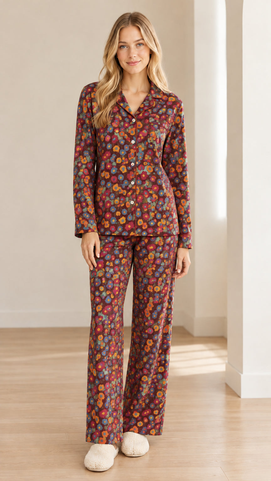 Model wearing deep burgundy floral long sleeve pajama set