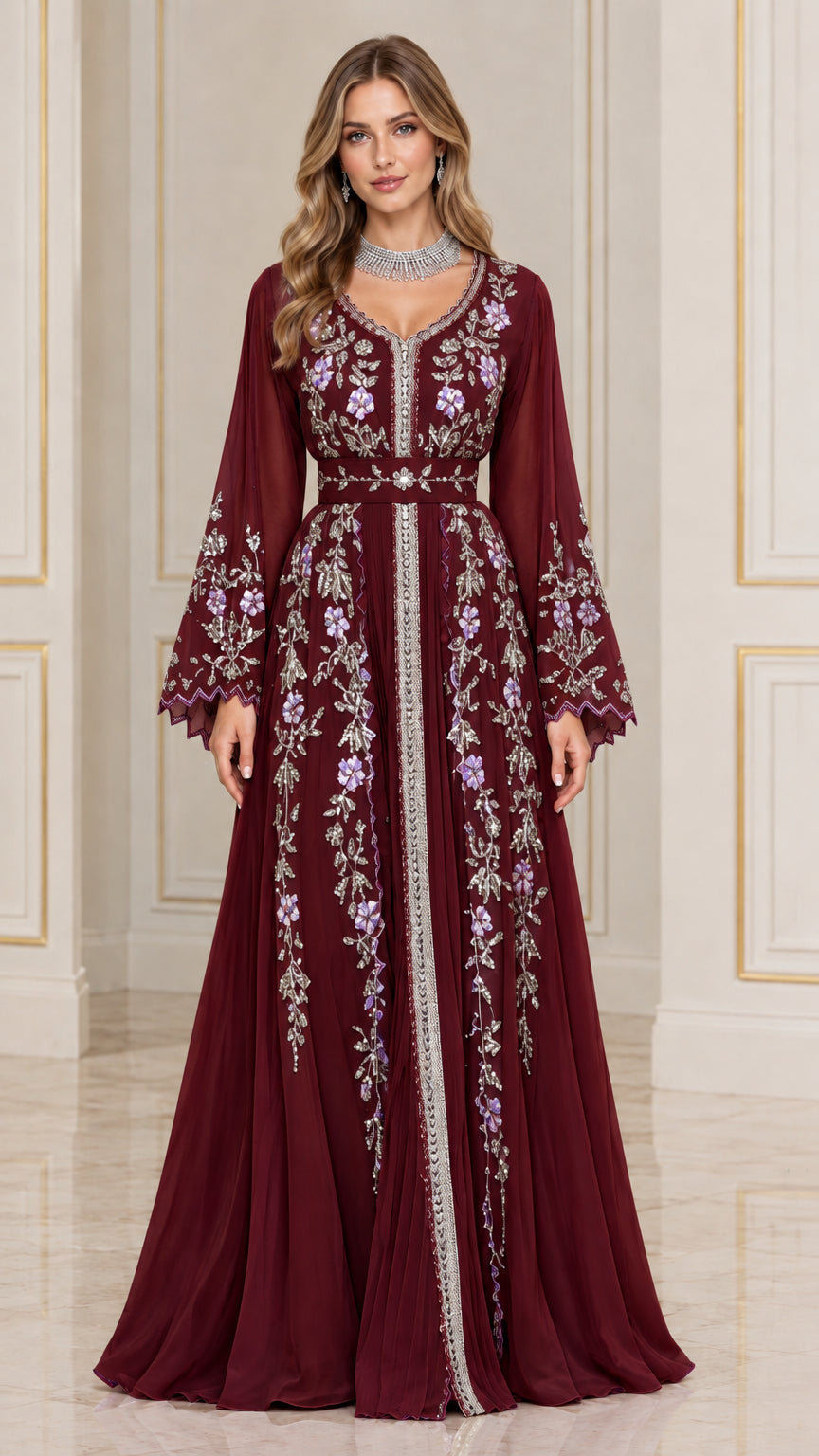Model wearing burgundy wine embroidered chiffon evening kaftan dress