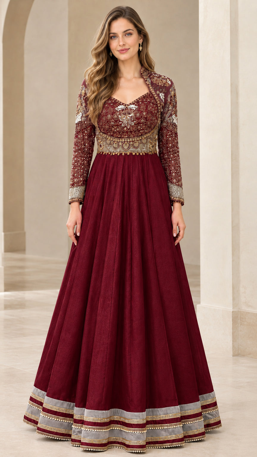 Full-length front view of Burgundy red embroidered long sleeve evening gown