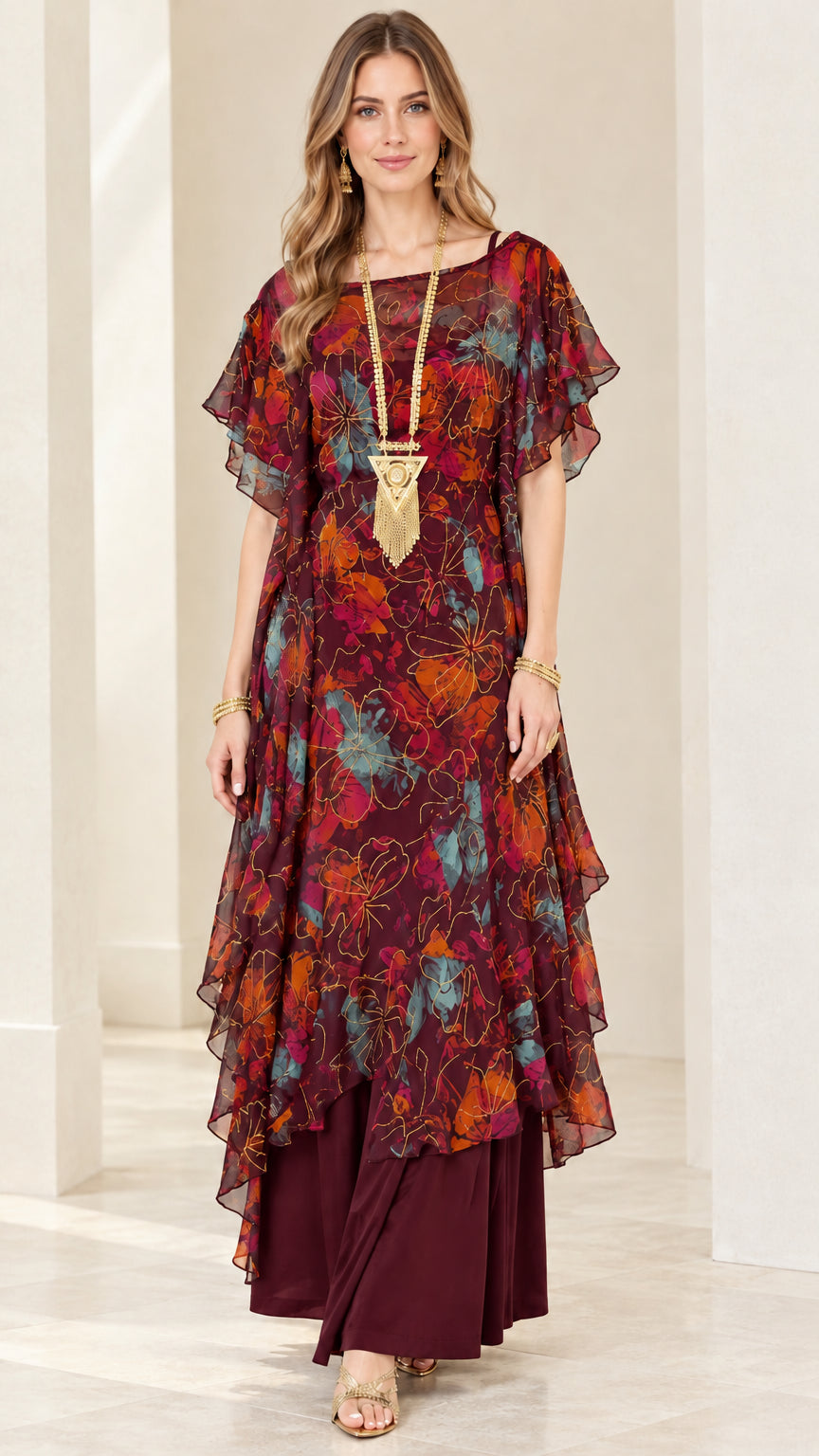 Full-length view of Wine Red burgundy floral layered chiffon maxi dress