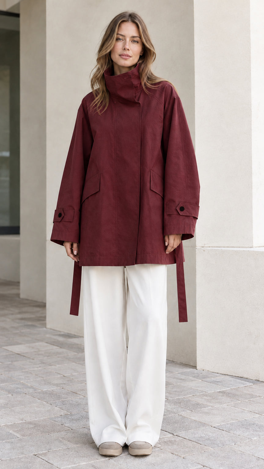 Front view of model wearing Burgundy wine high-neck relaxed belted trench jacket