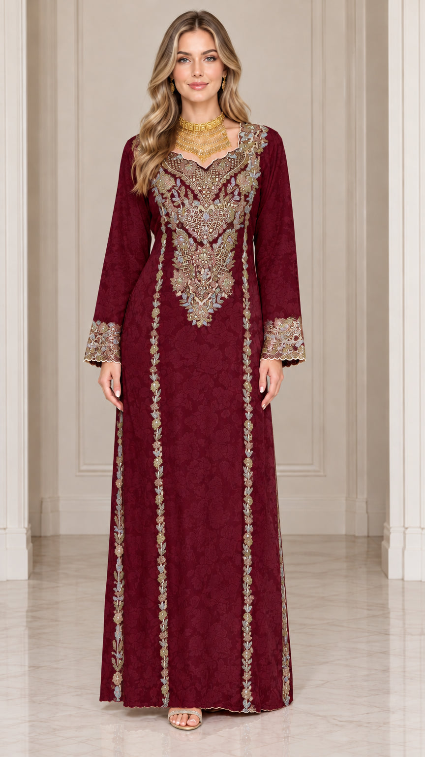 Front full-length view of burgundy red embroidered long sleeve maxi kaftan dress