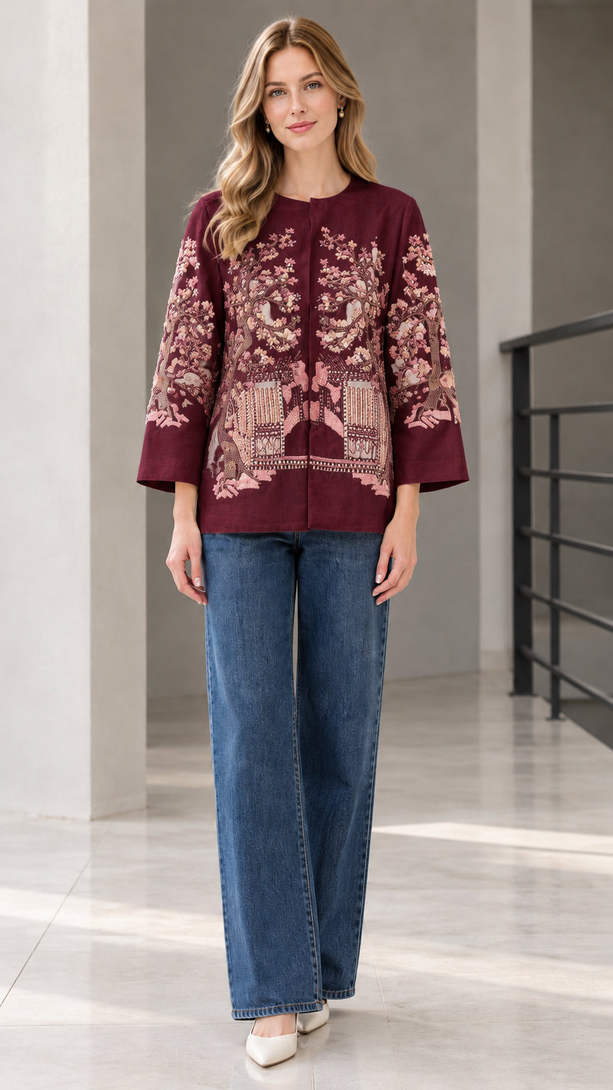 Burgundy wine red floral embroidered collarless jacket modeled with blue jeans