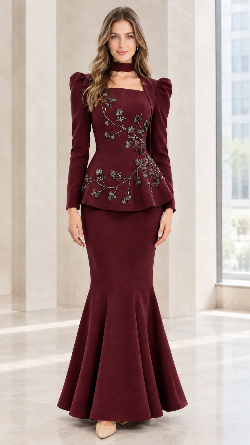 Model wearing Burgundy wine red long sleeve formal evening dress
