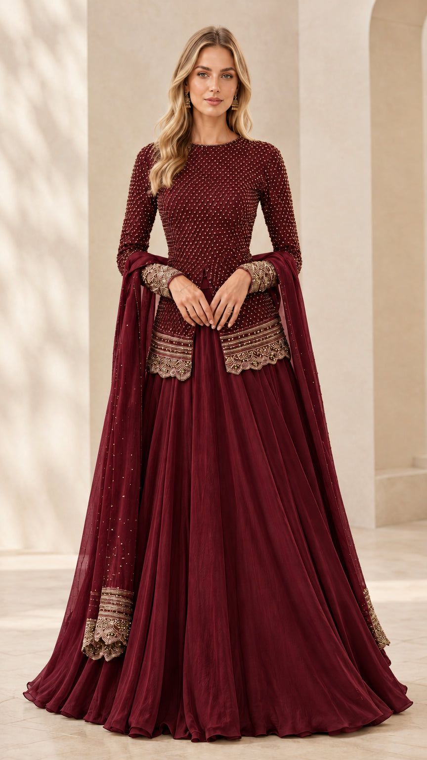 Front full view of burgundy maroon beaded long sleeve peplum top and pleated maxi skirt set