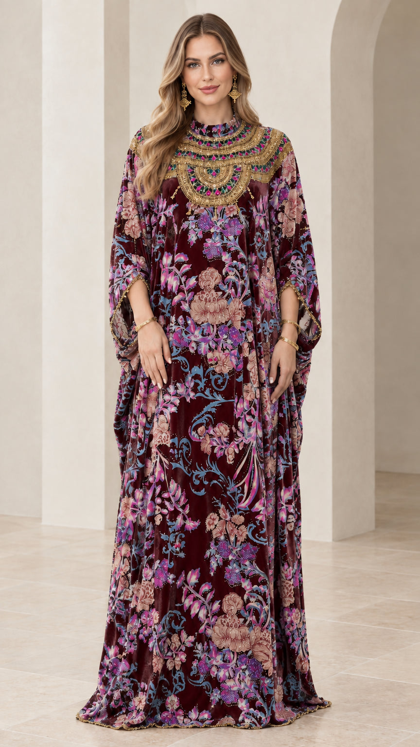 Front view of burgundy wine floral velvet kaftan dress with ornate neckline