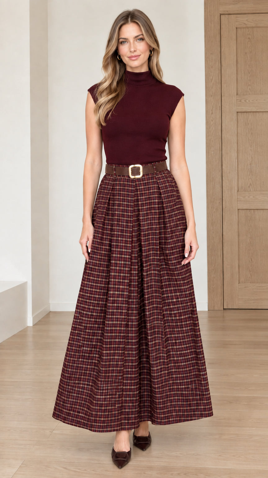 Model wearing burgundy wine plaid pleated maxi skirt with matching burgundy top
