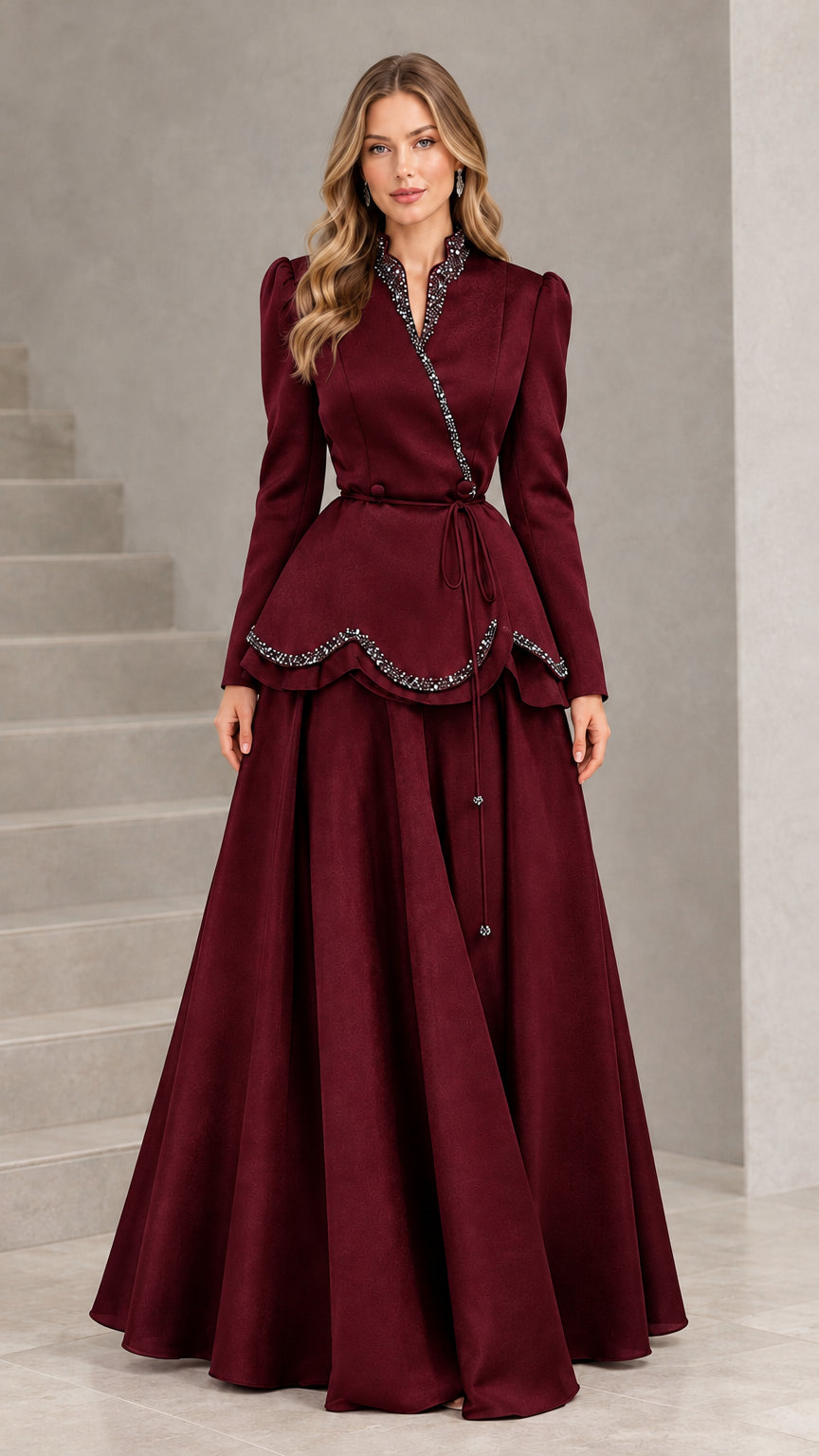 Front view of model in Burgundy wine red beaded peplum evening maxi dress