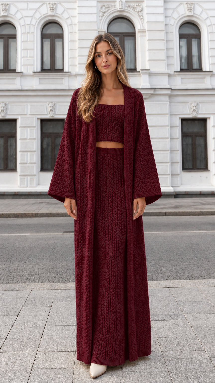 Burgundy wine 3-piece cable knit maxi cardigan, crop top, and skirt set