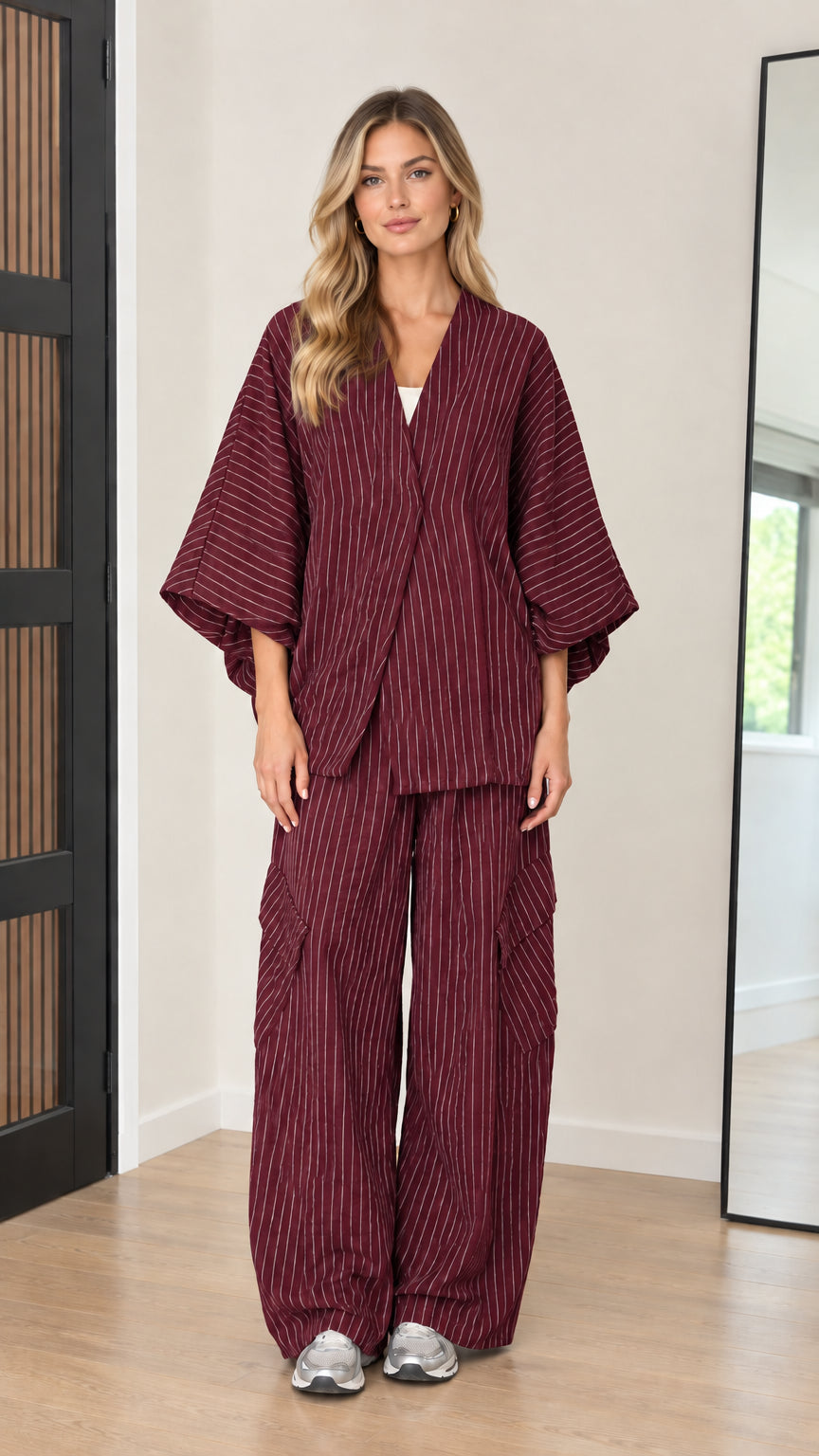 Women's burgundy red pinstripe kimono top and matching wide pants set