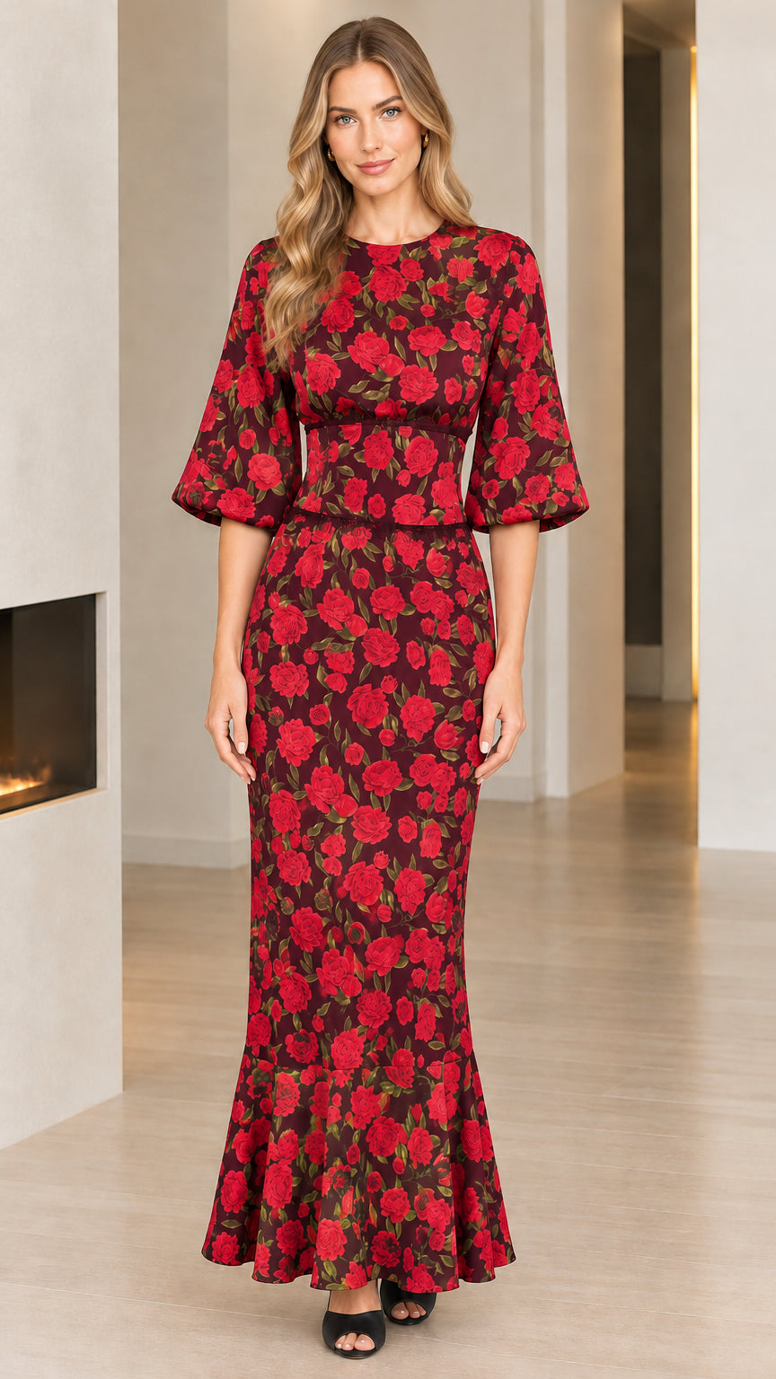 Burgundy floral bell sleeve evening maxi dress front view