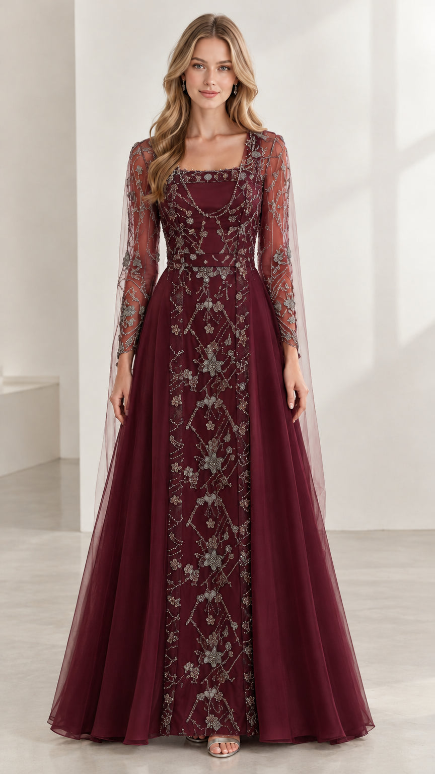 Burgundy embroidered long sleeve formal maxi dress