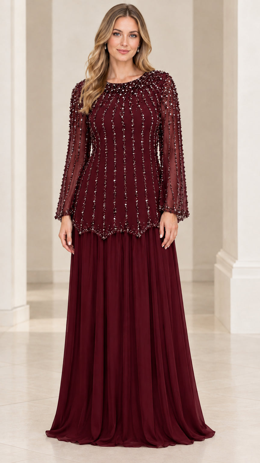 Front view of woman wearing Burgundy beaded long sleeve evening gown