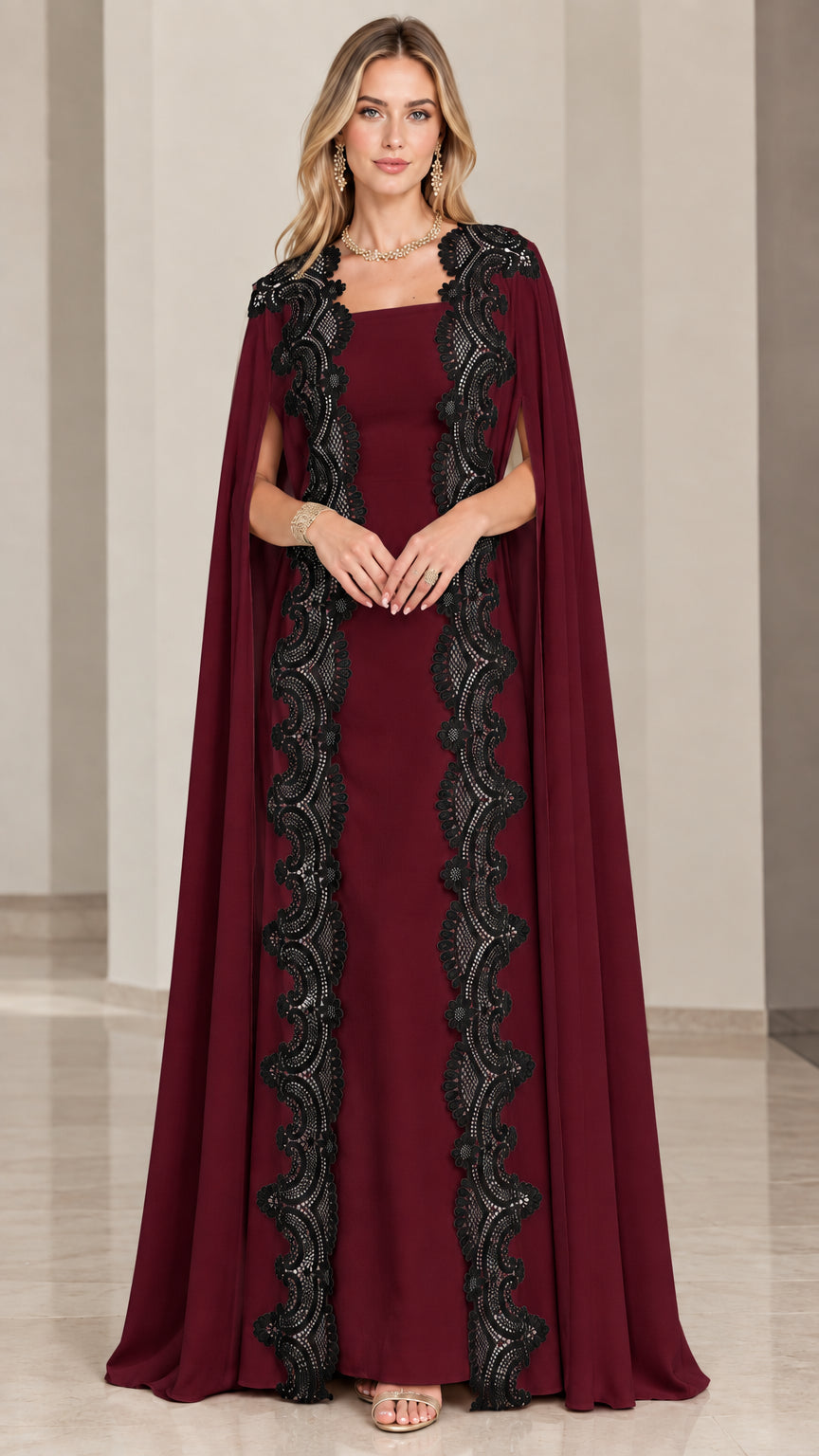 Front view of deep burgundy wine cape maxi gown with black lace border