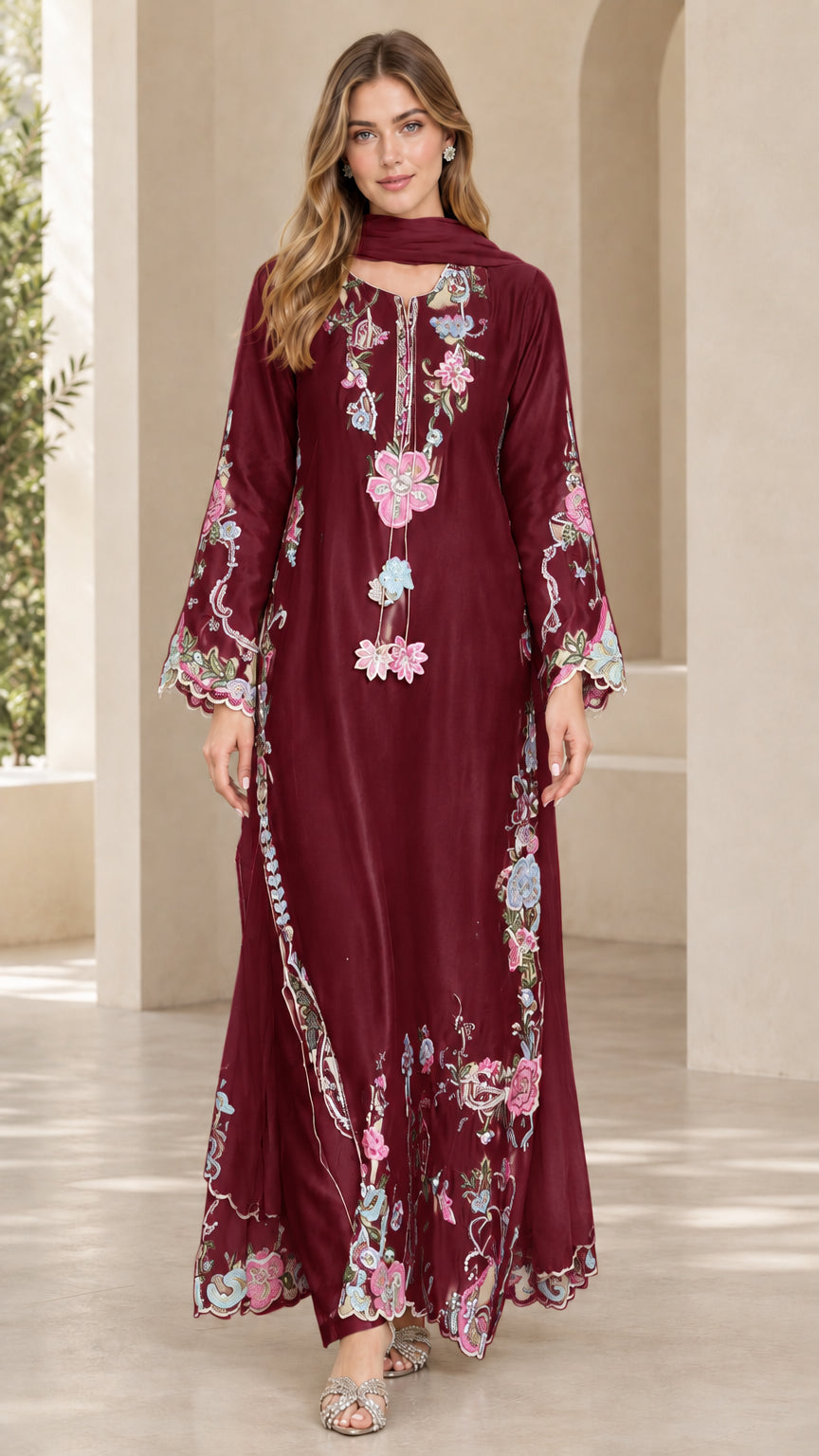 Front view of burgundy floral embroidered maxi dress with matching scarf