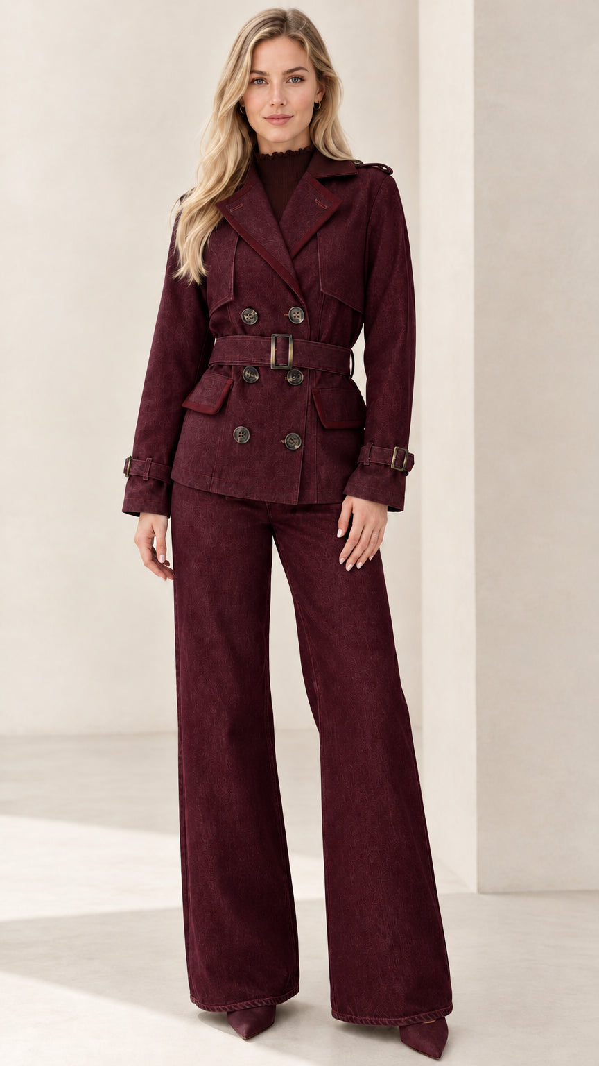 Full-length front view of burgundy wine red belted blazer and matching trouser set
