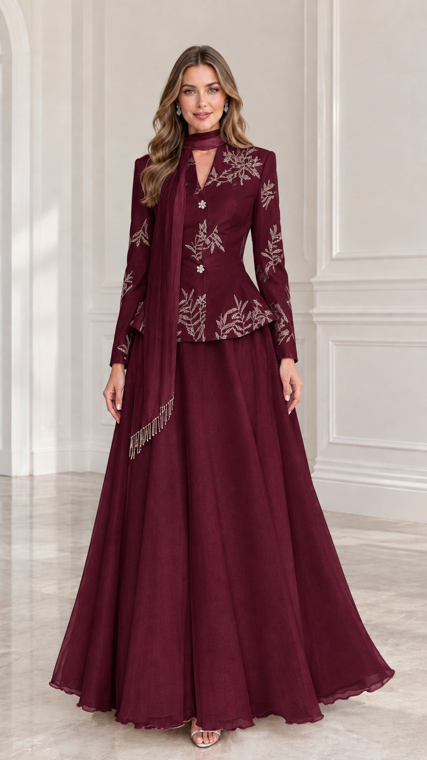 Front full-length view of Burgundy red formal peplum maxi gown set