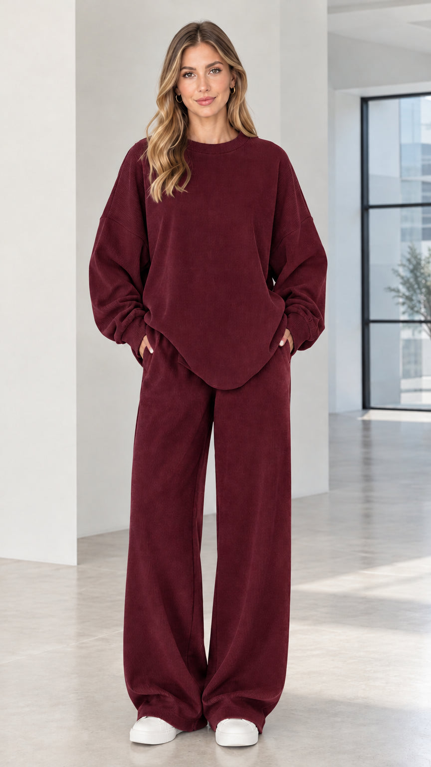 Woman wearing burgundy red two-piece ribbed oversized loungewear set