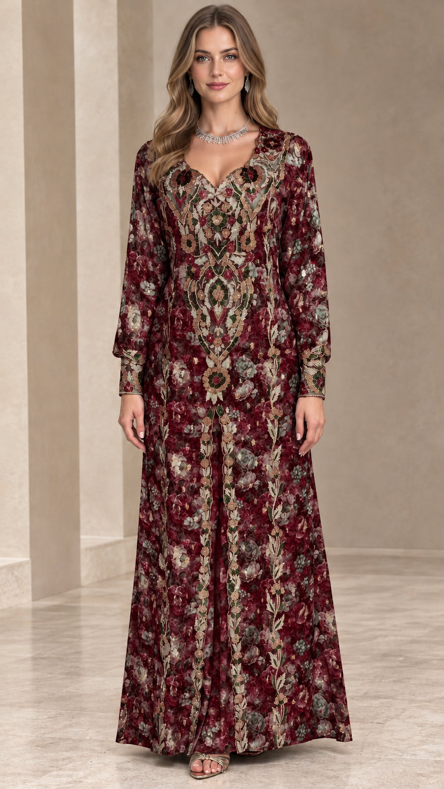 Front view of burgundy wine floral embroidered long sleeve maxi evening dress