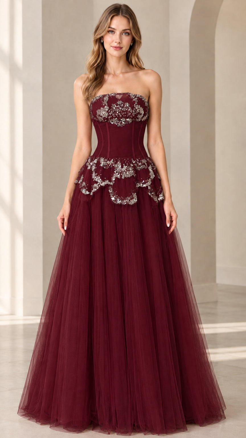 Burgundy strapless corset tulle evening gown with embellishments